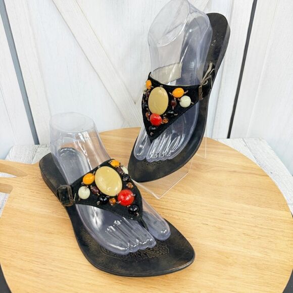 Naughty Monkey Suede Beaded Boho Thong Sandals Black 8.5 - Picture 1 of 12